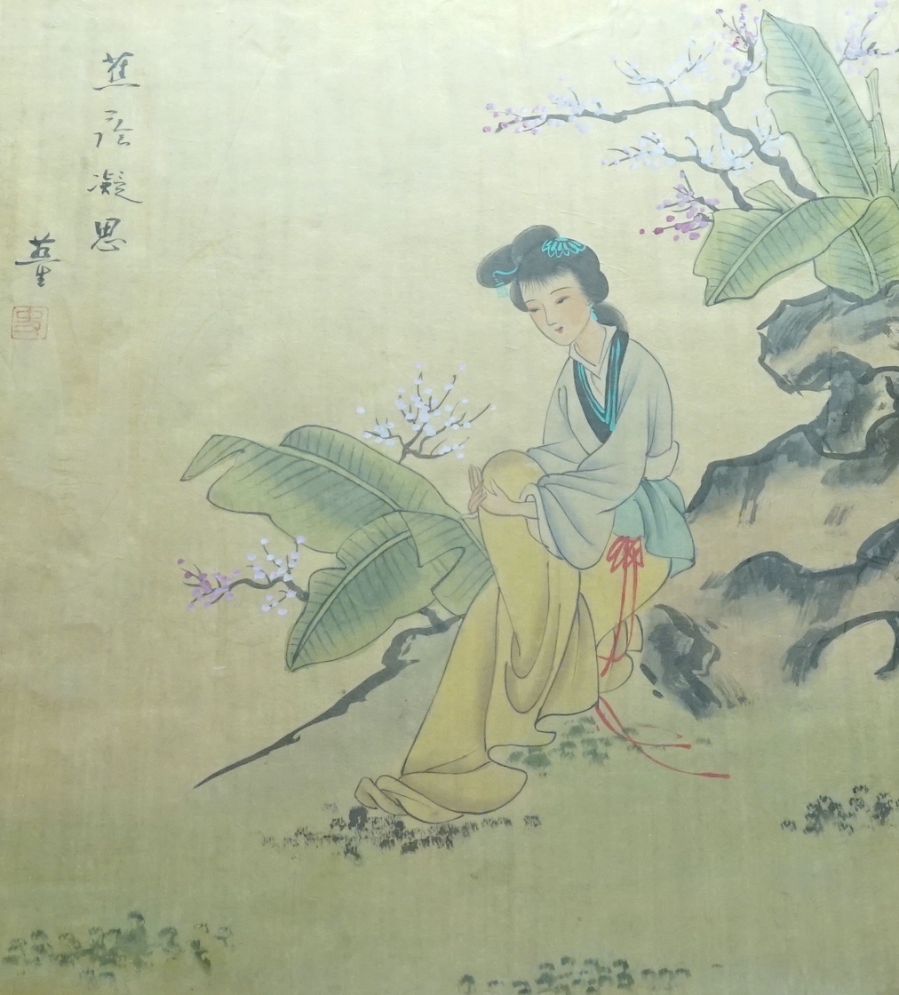 Chinese School, watercolour on silk, Woman seated in a garden, and small companion piece, largest 36 x 30cm